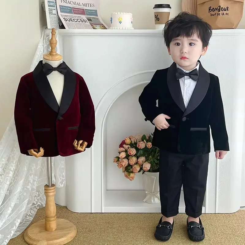 

Бархатный пиджак и брюки для маленьких мальчиков, костюм для фотографий, детское платье на день рождения 1 года, детская официальная свадебная вечерняя одежда