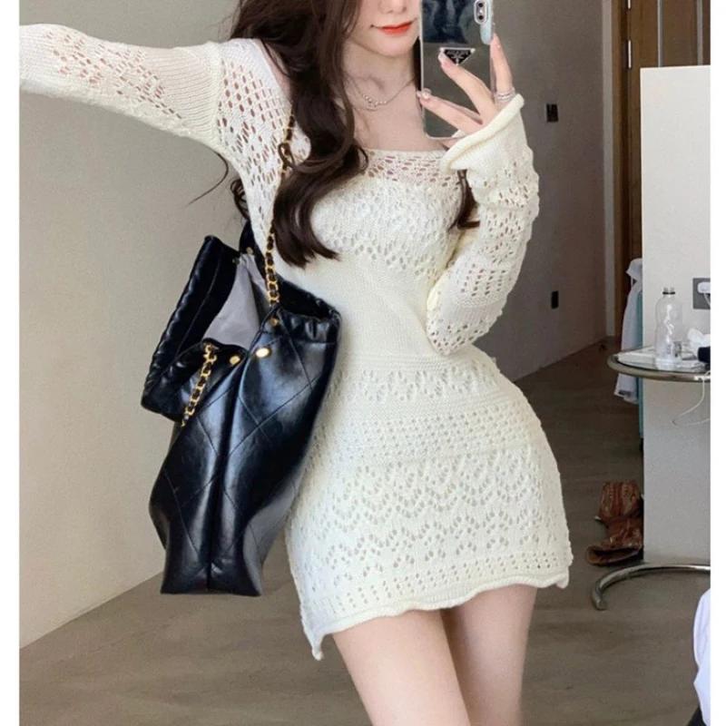 Sexy Hollow Out Bodycon High Waist Elegant Knitted Dresses for Women Fashion Y2K Sweet Solid V Neck Long Sleeve Club Mini Dress