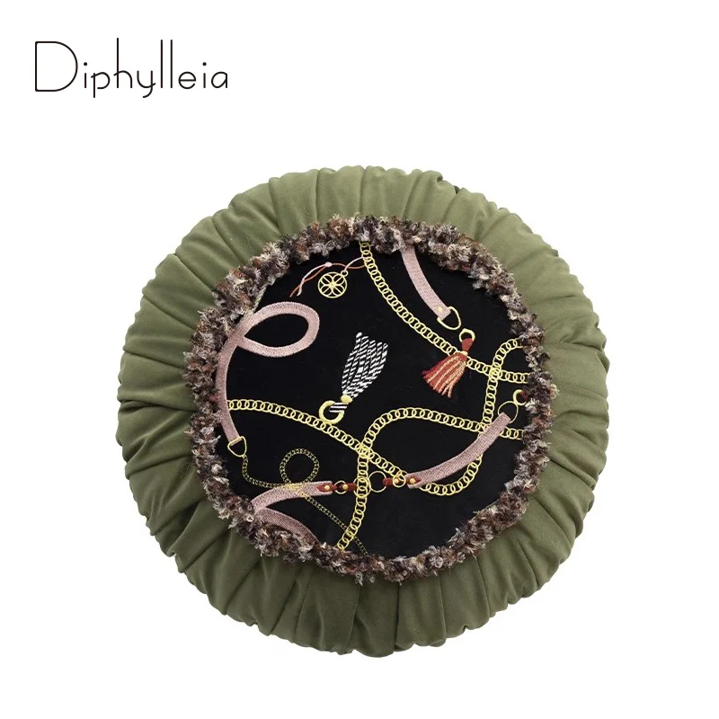 Diphylleia H Style Chian Belt Geometry Embroidery Round Throw Pillow With Insert Vintage Pleated Cushion For Couch Chair Bed Car