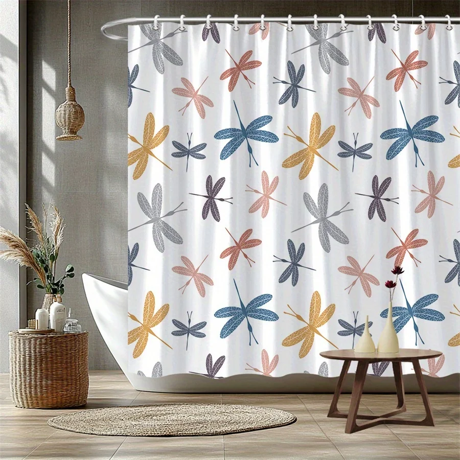 1pc Fun dragonfly patterned shower curtain, made of polyester, machine washable, suitable for bathroom decor.