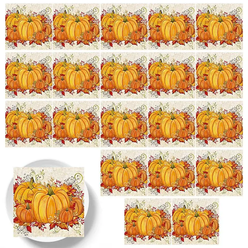 Halloween Pumpkin Napkins Halloween Beverage Dinner Paper Party Napkins Pumpkin Hand Towels Soft & Highly Absorbent Orange