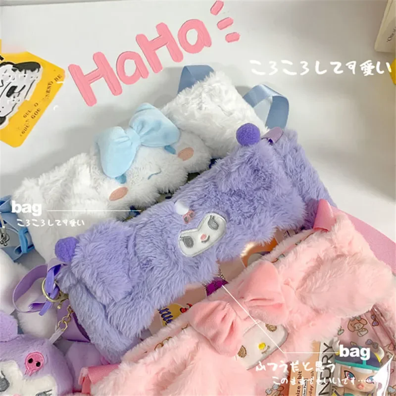 Kawaii Sanrio pluszowe torby Cinnamoroll melodia Kuromi torba Crossbody kreskówka przezroczysta torebka pluszowa Hello Kitty wypchana Backpac