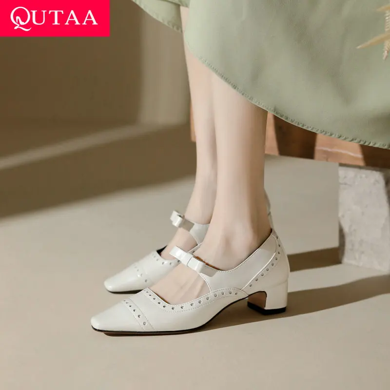 

QUTAA 2023 Women Pumps Mixed Colors Butterfly Knot Genuine Leather Thick Med Heels Shoes Woman Summer Working Casual Size 34-39