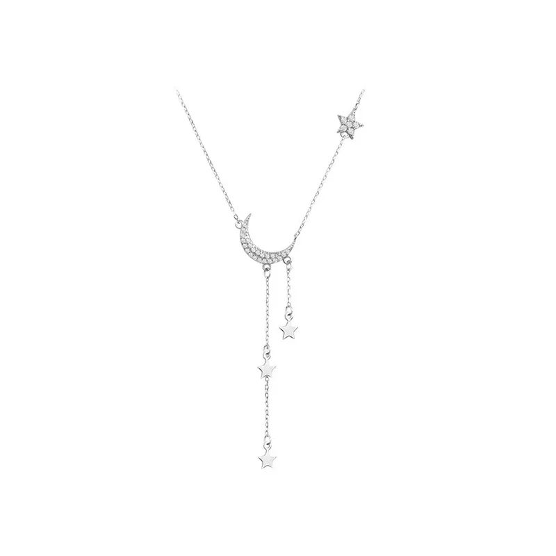 

S925 Silver Moon Star Tassel Necklace Synthetic Zircon for Daily Wear Wedding Party Christmas Hypoallergenic Elegant Women