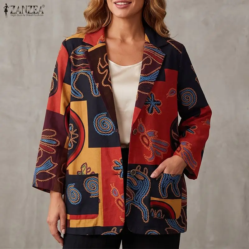 ZANZEA Women Autumn Blazer Lightweight Vintage Long Sleeve Floral Printed Suits Casual Lapel Neck Cotton Thin Coats Jackets 2026
