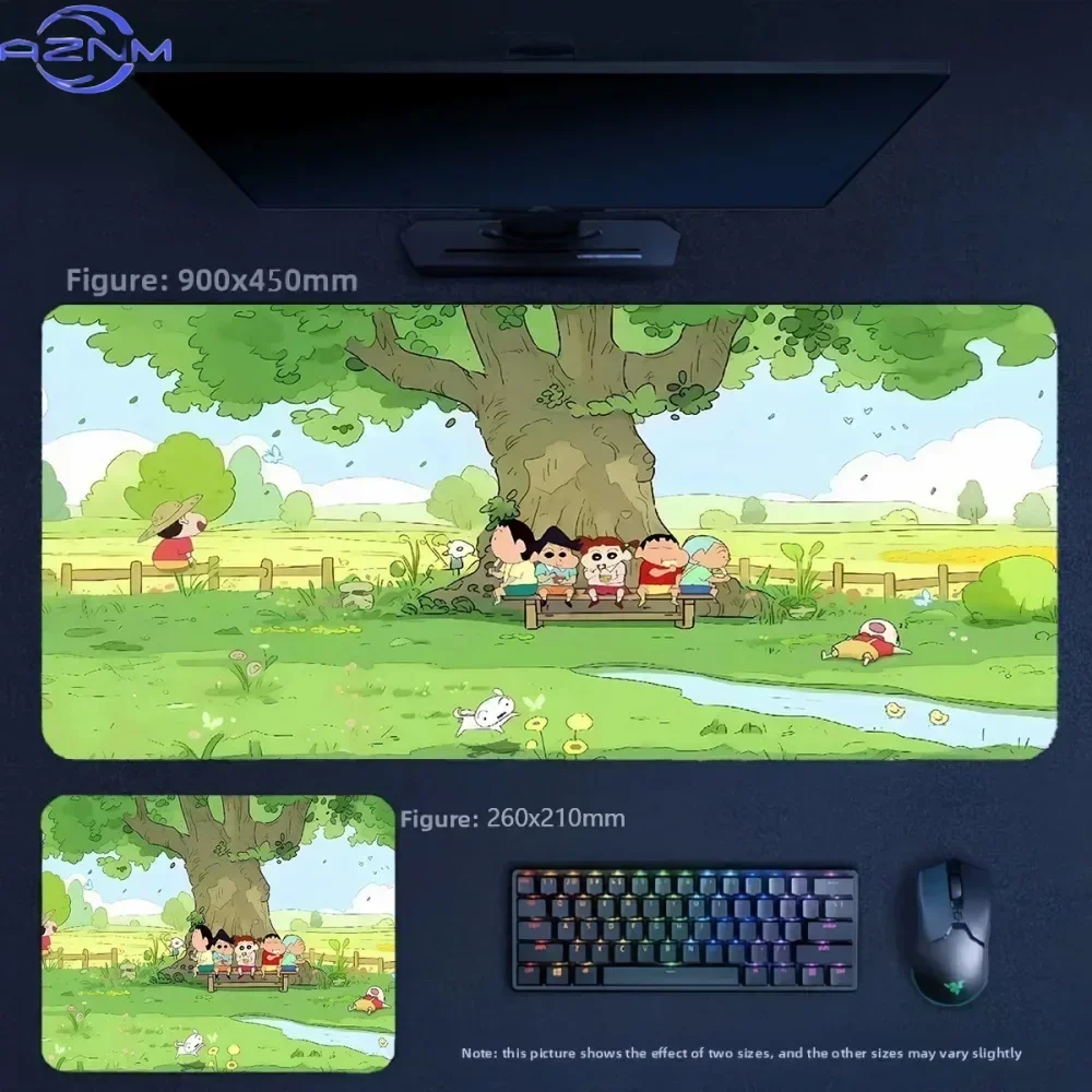 Anime Crayon Shin‑chan Friends Lying On Grass Large Mousepad, Rubber Non‑Slip Stitched Edges Desk Mat, Cute Cartoon Extended Key