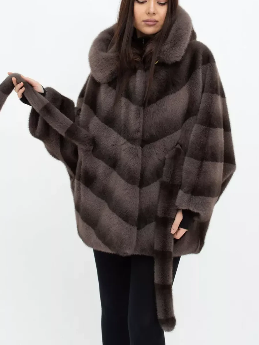 LIMO Women Color Block Faux Fur Coat Hooded Waist Belt Long Sleeve Loose Fit Plush Outerwear With Pockets
