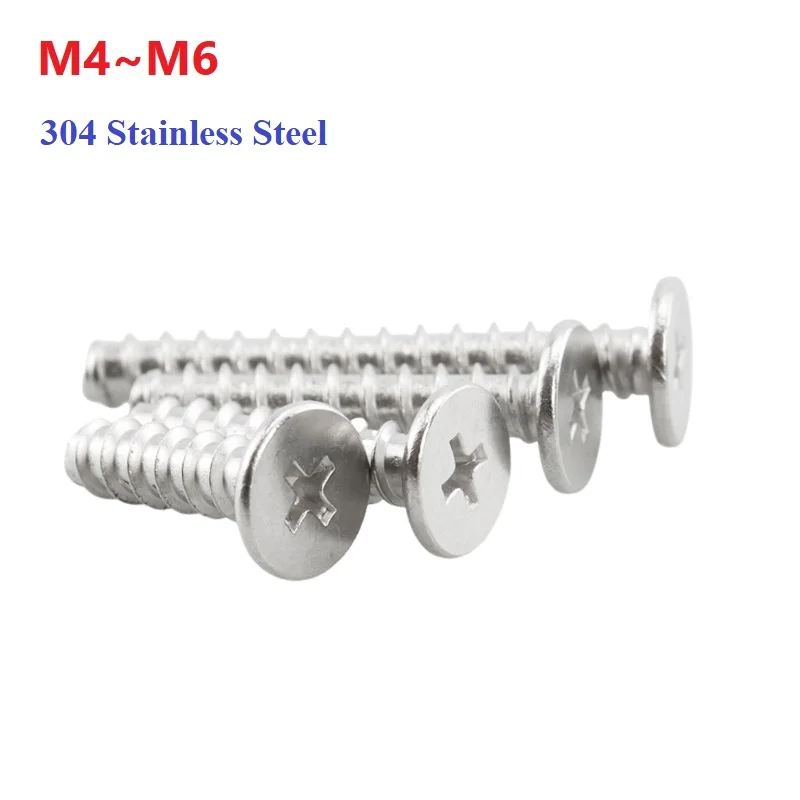 Flat Head Cross Flat Tail Self-tapping Screws M4 M5 M6 Thin Head Flat Head Screws 304 Stainless Steel