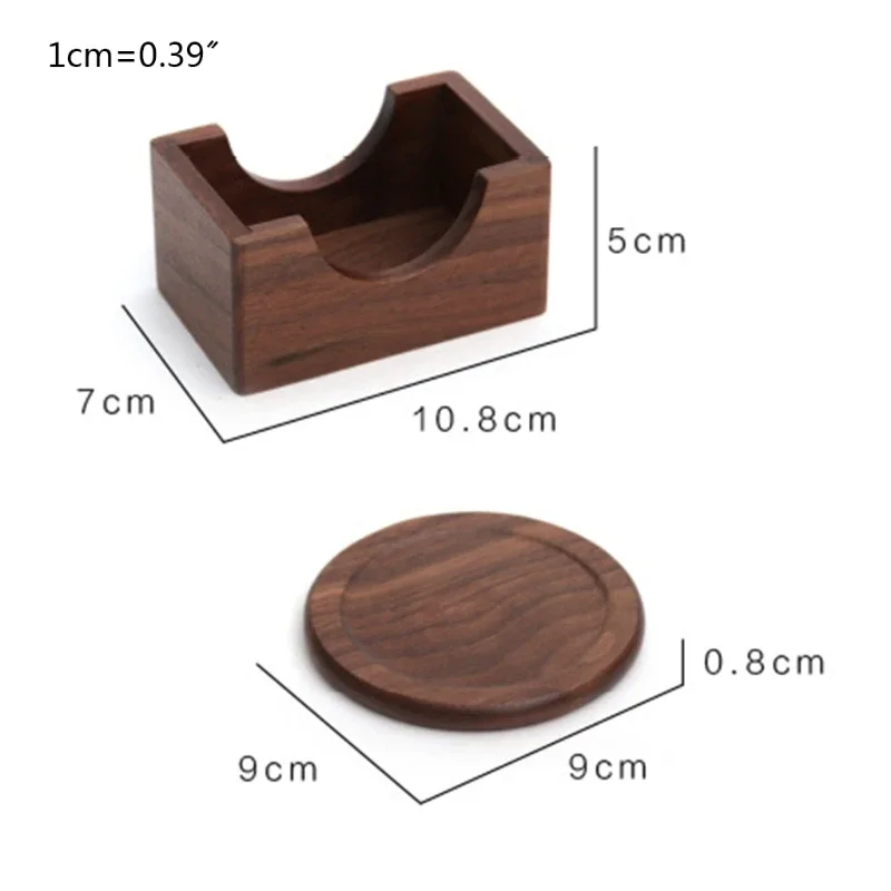 6Pc/Set Wooden Coasters Set Black Walnut Solid Wood Round Table Mat Heat Insulation Pad Box Bottom Holder Kitchen Table