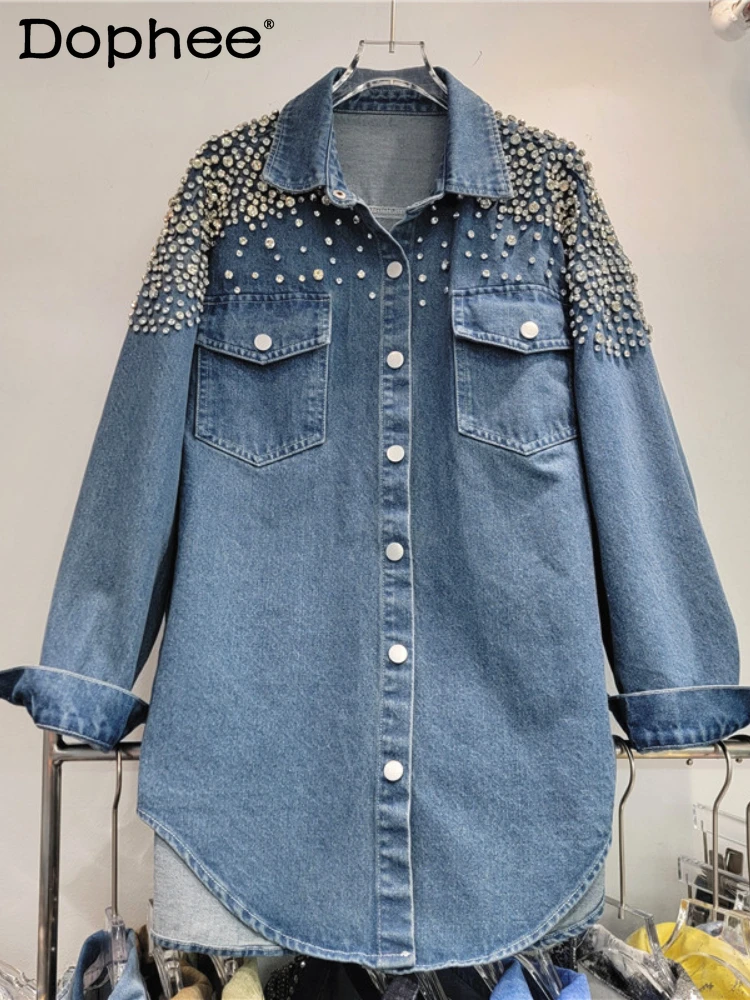 

Denim Shirt Jacket Heavy Industry Diamond-encrusted Fashion Casual Coat Spring Autumn 2025 New Loose Top Women Jacket