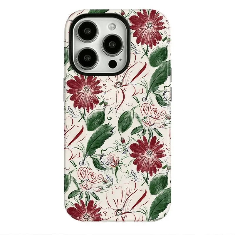 

Vintage Sketch Floral Red Daisy Green Leaf Print Shockproof Phone Case for iPhone 17 16 15 14 13 12 11 Pro Max Plus Back Cover