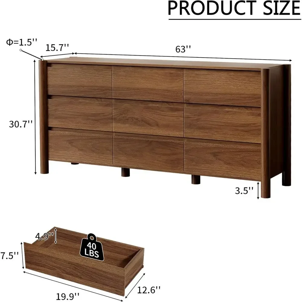9 Drawer Century-Style Solid Wood Chest with Concealed Handles, Walnut Finish, Bedroom Storage Organizer