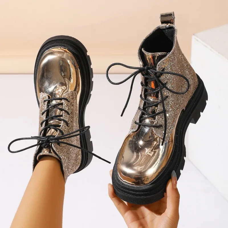 

Muffin Shoes Shiny Patent Leather Short Boots Large Size Non-slip Short Women's Boots