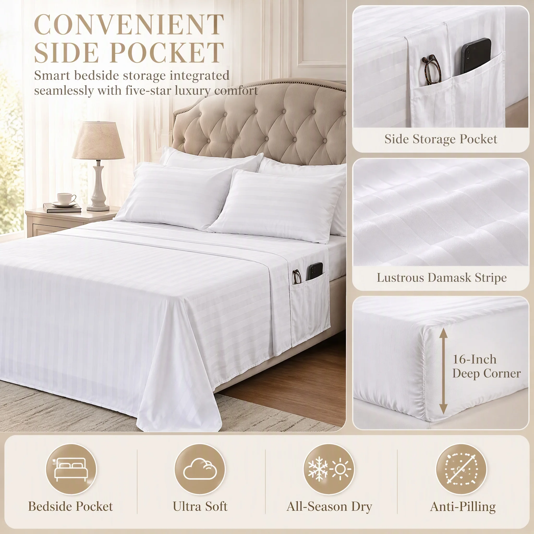 Striped 4-Piece Textile Kit, Complete Top Cover Base Wrap & 2 Pillow Cases, Cool Gentle Surface, Simple Care Home Decor, Twin Full Queen King Sizes