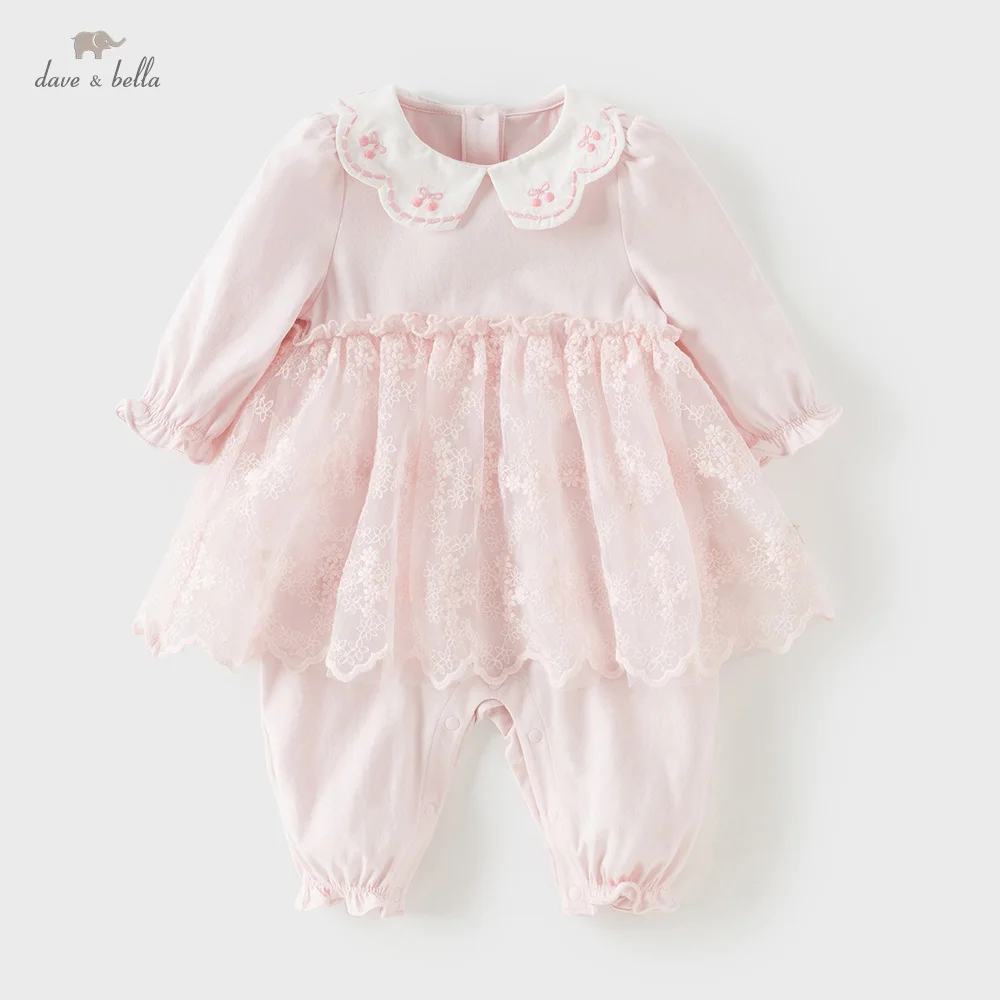 Dave Bella Girls Knitted Jumpsuit Newborn Clothes Spring Autumn Baby Princess Mesh Romper Cotton Creeper Sweet Pink DB1260827