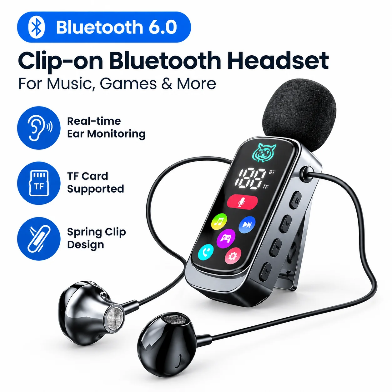 KEBIDUMEI Lavalier Bluetooth 6.0 Earphones Wireless Headphones Noise Cancelling Earbuds K-Song Real-time Monitor TF Card Play