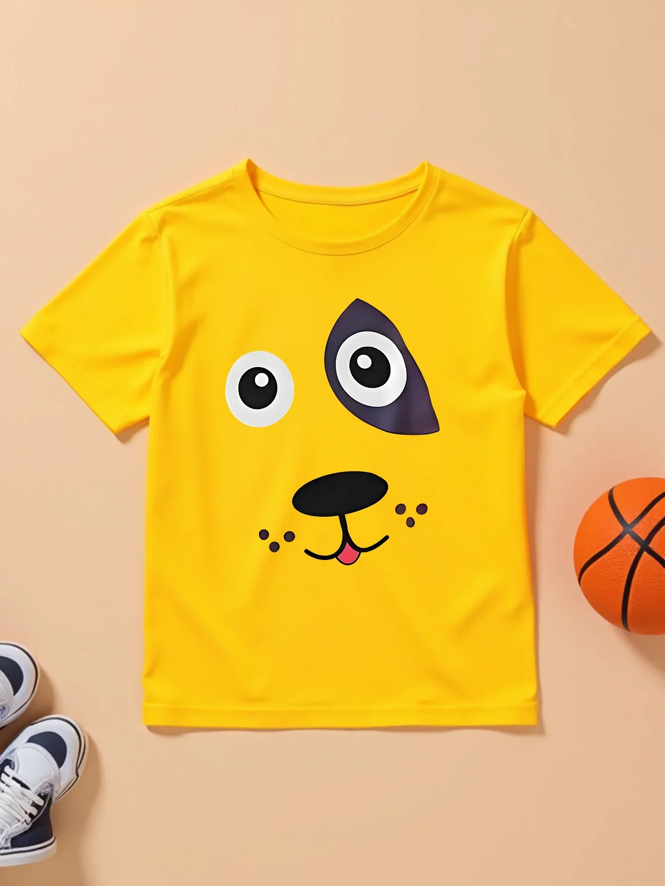 Bright Yellow Kids Short Sleeve Tee Cute Cartoon Puppy Face Big Asymmetrical Eyes Tongue Out Graphic Casual Boys Girls Daily Top