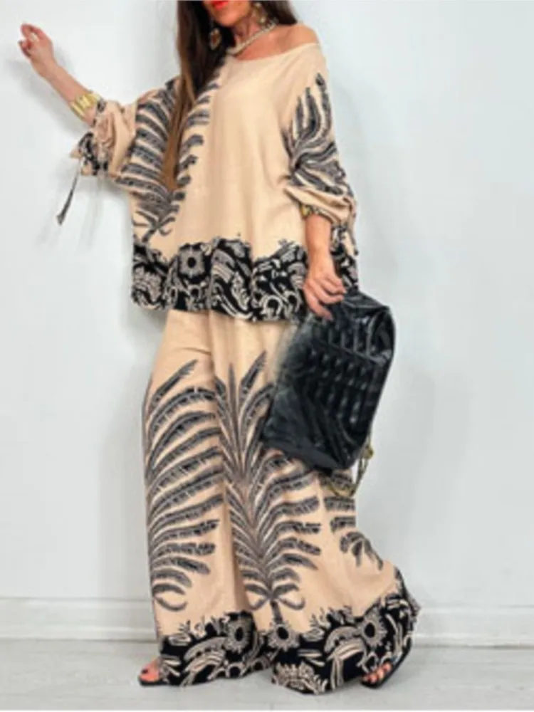 

2025 Spring Summer New Casual Printed Loose two Piece Sets Fashion O-neck Long Sleeve Lace Up Top + Wide Leg Pants 2 Piece Set