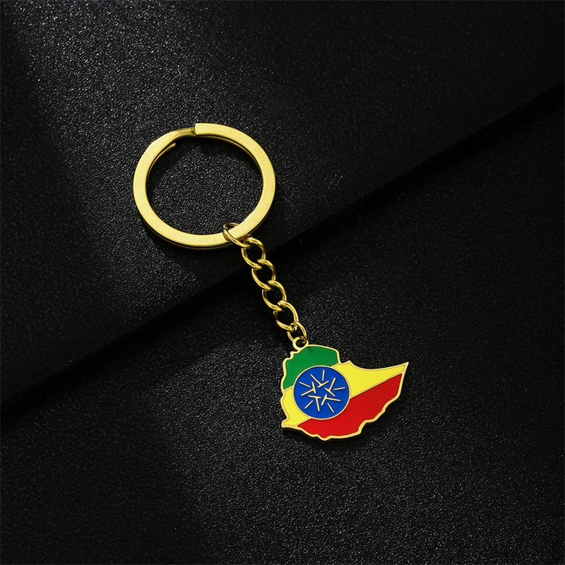 Fashion Enamel Ethiopian Map Flag Keychain Stainless Steel Gold Silver Color Ethiopia Outline Emblem Ethnic Patriotic Jewelry