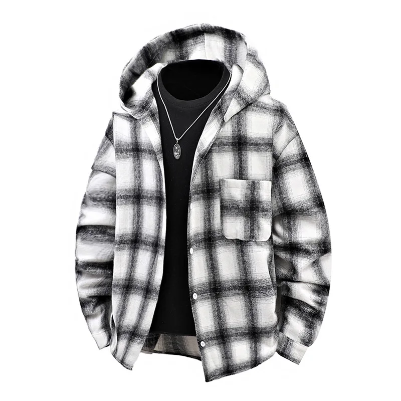

Весенне-осенняя новая клетчатая рубашка с капюшоном, мужская однобортная свободная рубашка с длинными рукавами и карманами