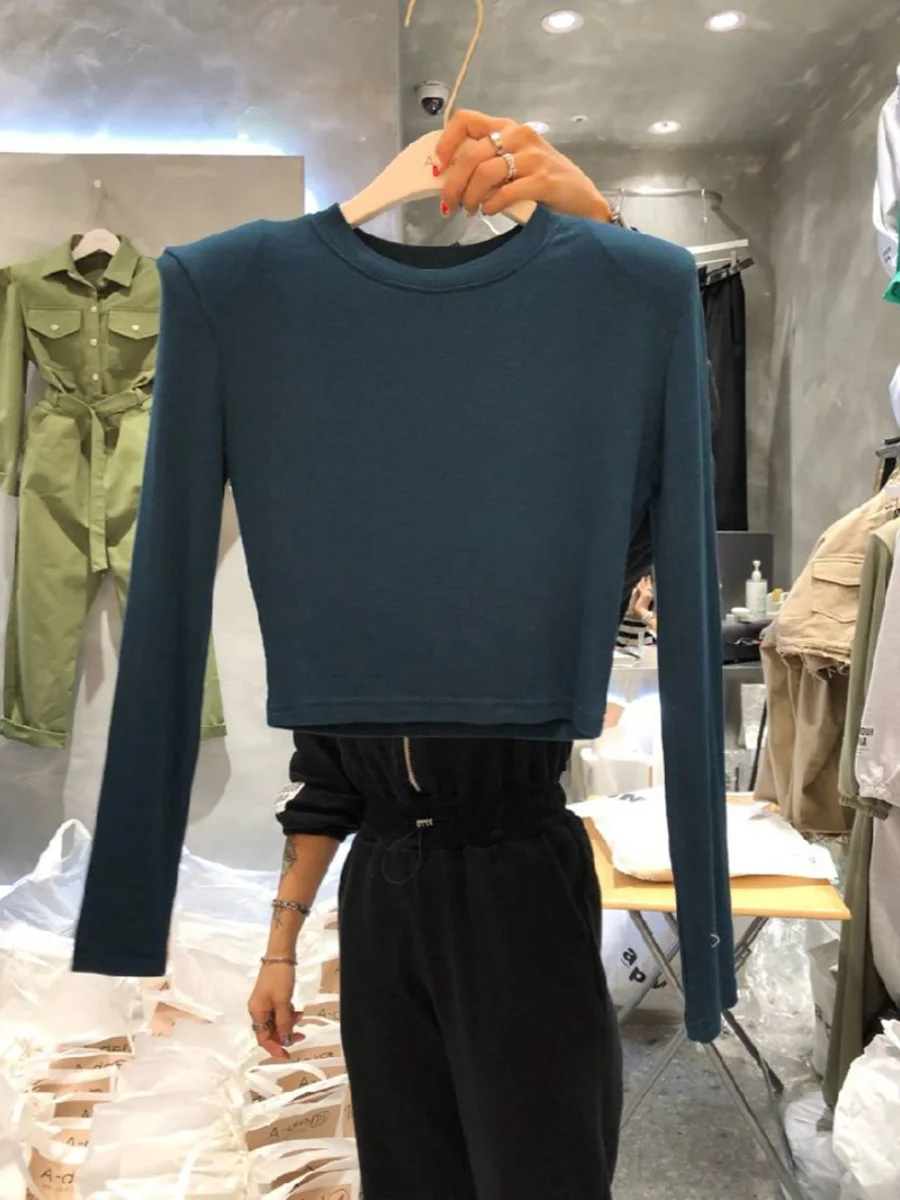 Slim Fit Long Sve Base irt oulder Pad Women's Inner Wear T-irt Dongda Gate Spring Autumn High Waist Thinming Pure Color