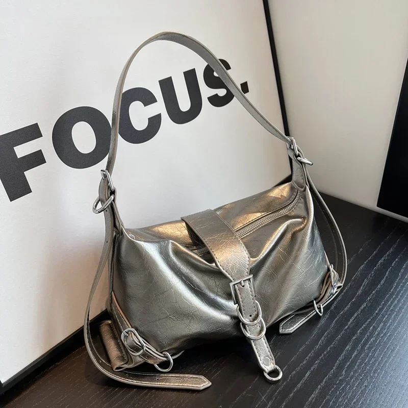 women luxury design red shoulder bag pu leather hobos underarm bags fashion small vintage purse silver buckle handbag