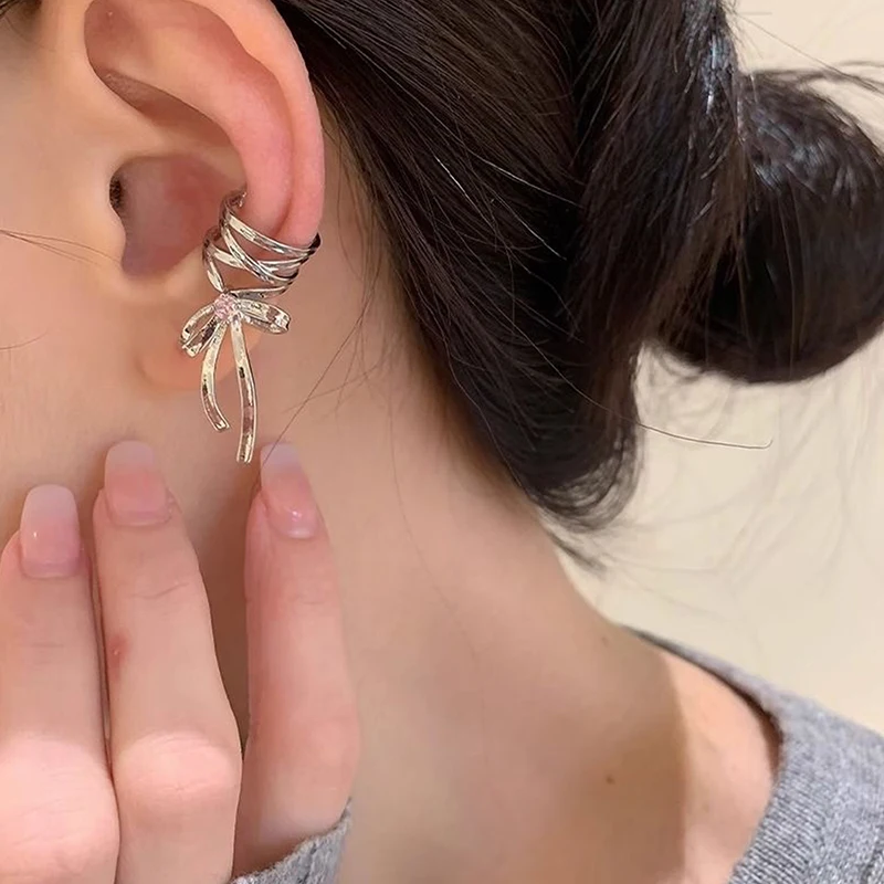 Réinitialisation d'oreille ruban nœud punk vintage pour femmes, boucles d'oreilles pour filles, pompon non perçant, manchette d'oreille, bijoux, cadeaux de fête, mode, 1 pièce, paire