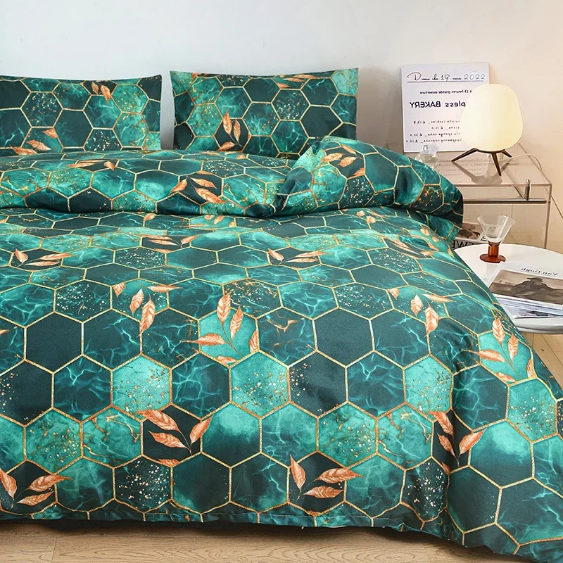 Honeycomb Duvet Cover Twin Queen Size Modern Marble Bedding Set for Boys Girls Geometrical Green Gold Reversible Comforter Cover