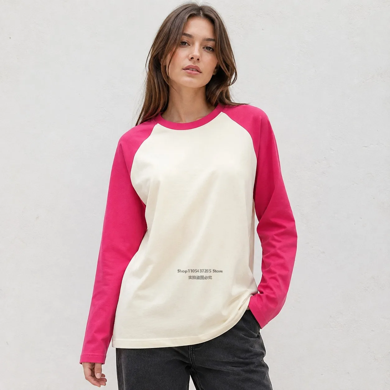 220G Baumwolle Damen Langarm T-Shirt Raglan Farbblock Rundhals Locker Sitzend Baseball-Tee Lässige Alltags-Streetwear Herbst-Oberteil – Detail 4