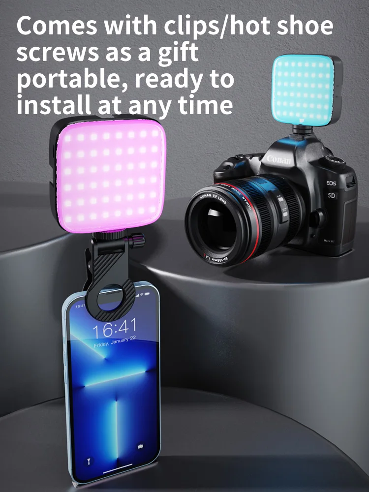 إضاءة مؤتمرات الفيديو المحمولة RGB LED مع مشبك قابل لإعادة الشحن بقدرة 2200 مللي أمبير في الساعة للهاتف والكاميرا والكمبيوتر المحمول وأجهزة iPad ومدونة الفيديو