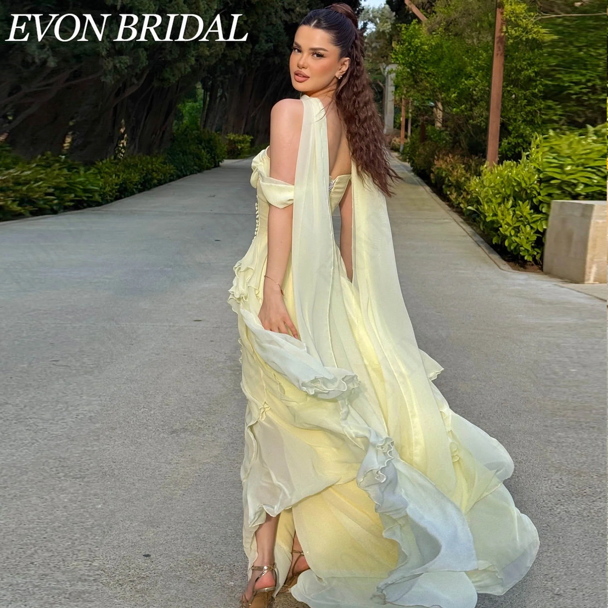 EVON BRIDAL A-Line Personalized Prom Dresses 2026 Off The Shoulder Elegant Party Gowns High Side Slit Organza платье вечернее