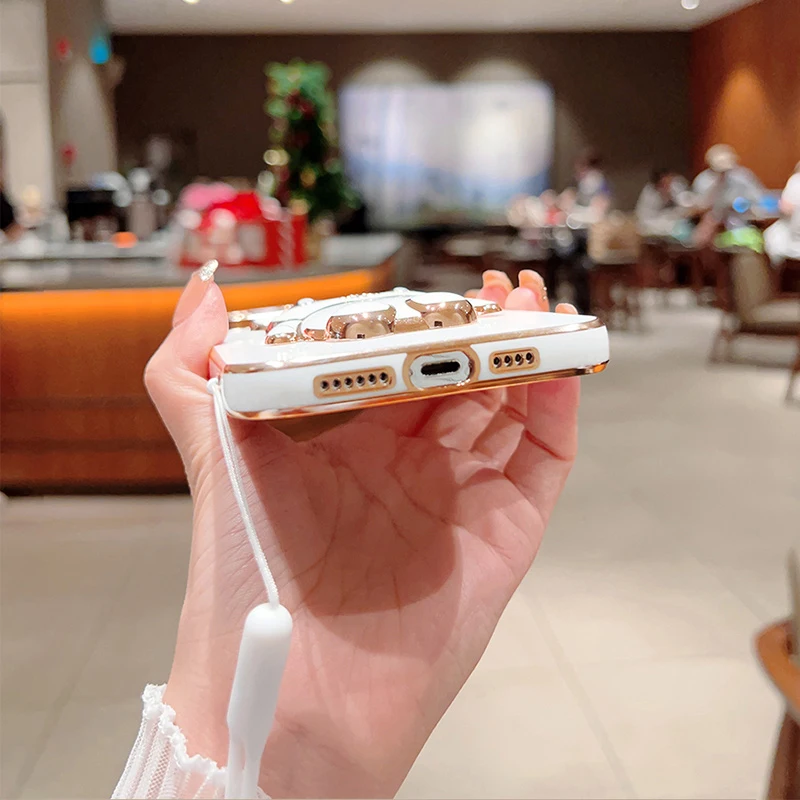 可愛い漫画うさぎスタンド無限大ノート12pro4g携帯電話ケースストラップ付き高級メッキカバー