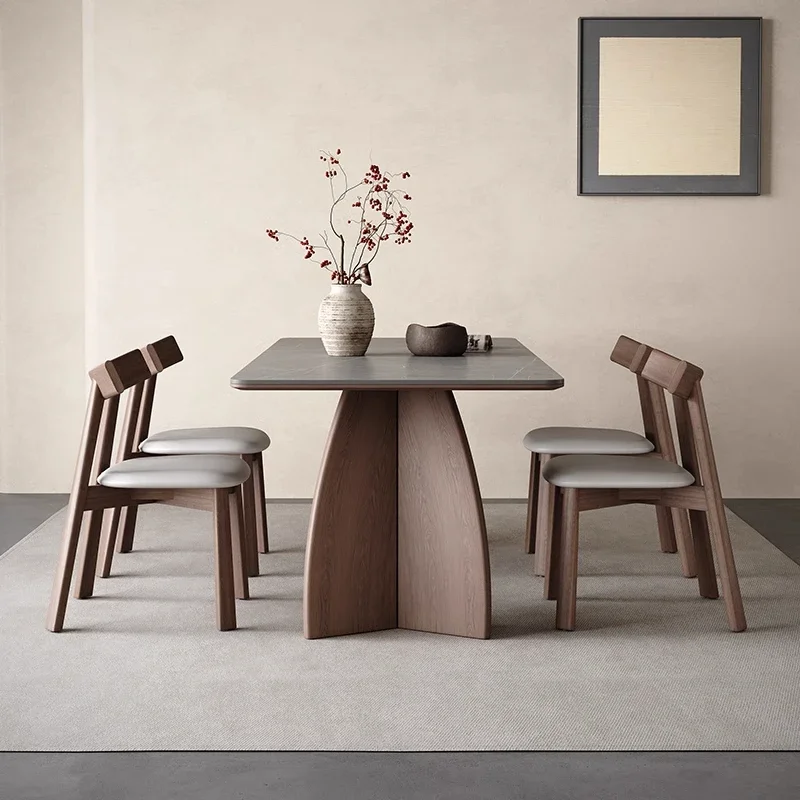 Medieval dining table Modern simple small apartment black rectangular solid wood rock board dining table