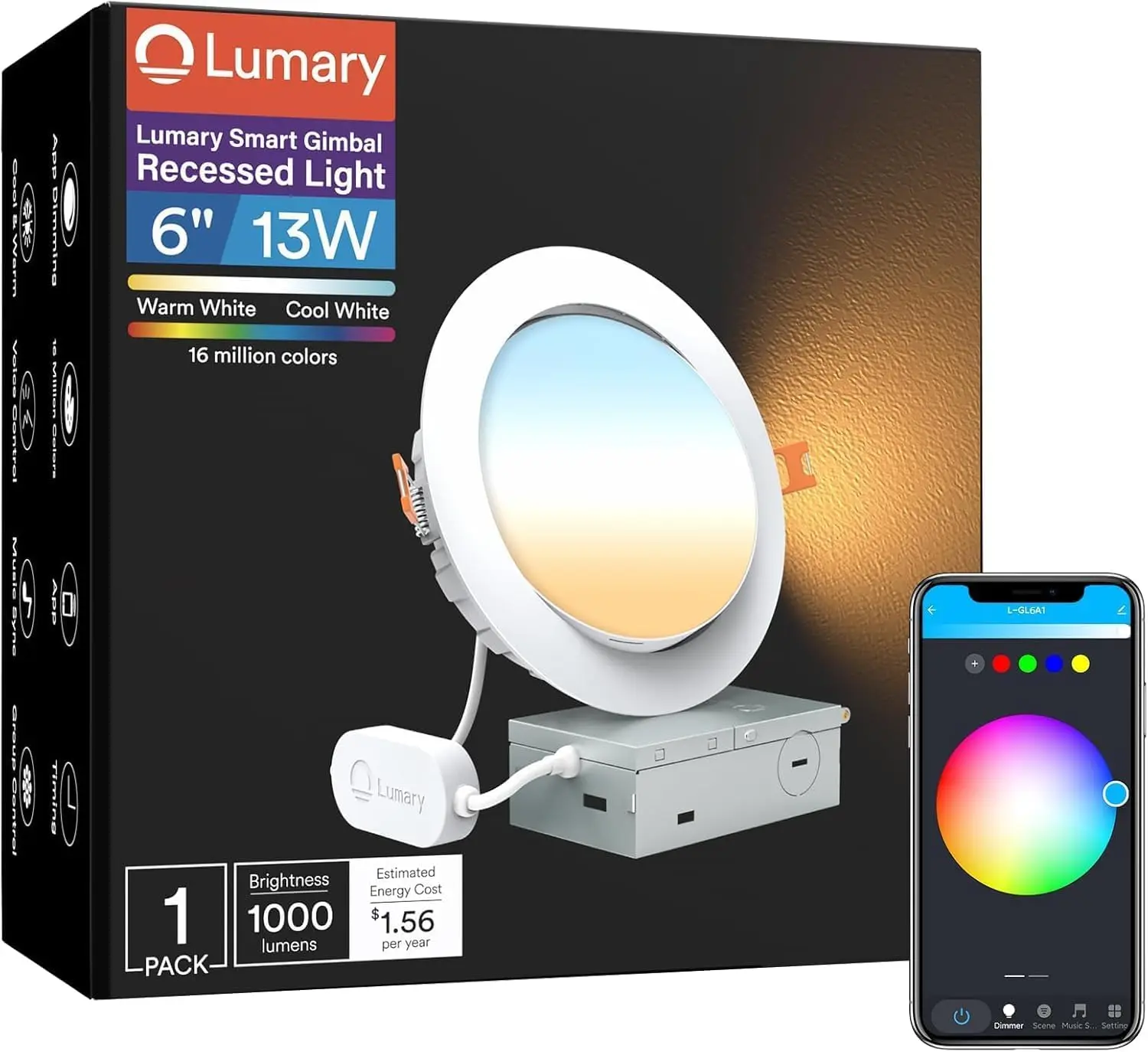 

Smart Adjustable RGBWW WiFi Ceiling Light 6 Inch, 355°+20° Tilt, Alexa Google Compatible, Canless LED Downlight