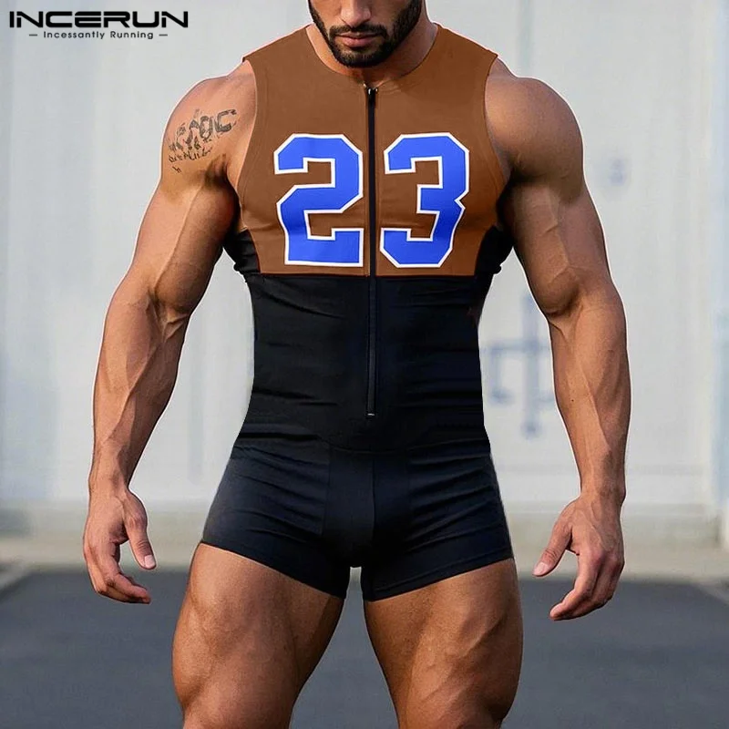 Męskie body z nadrukiem, patchworkowe, zapinane na zamek, obcisłe kombinezony, bezrękawniki, męskie rampersy, streetwear 2025 INCERUN, body treningowe męskie.