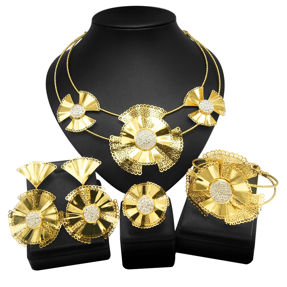 

New Fashion Plating Thick Gold Sunflower Jewelry Set and Luxurious Exaggerated Brazilian Gold Ladies Wedding Gift High Quality