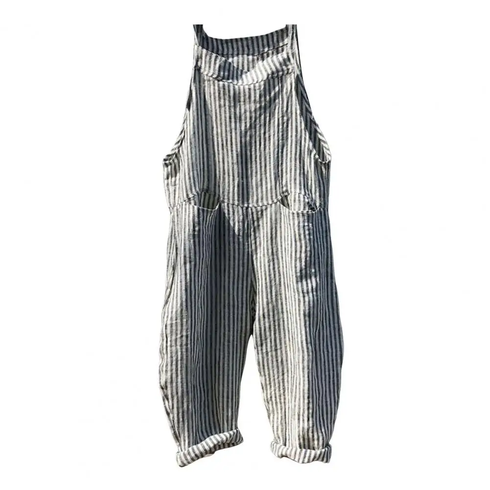 Striped Print Overalls Women Summer Jumpsuit Stylish Women's Striped Jumpsuit with Big Patch Pockets Plus Size Loose for Summer