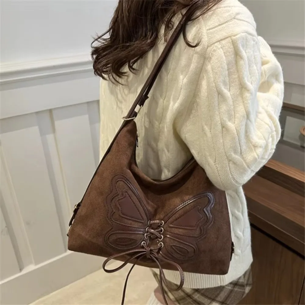 Retro Faux Suede Tote Bag Matte Large Capacity Bow Tie Backpack Shoulder Bag Casual Outing