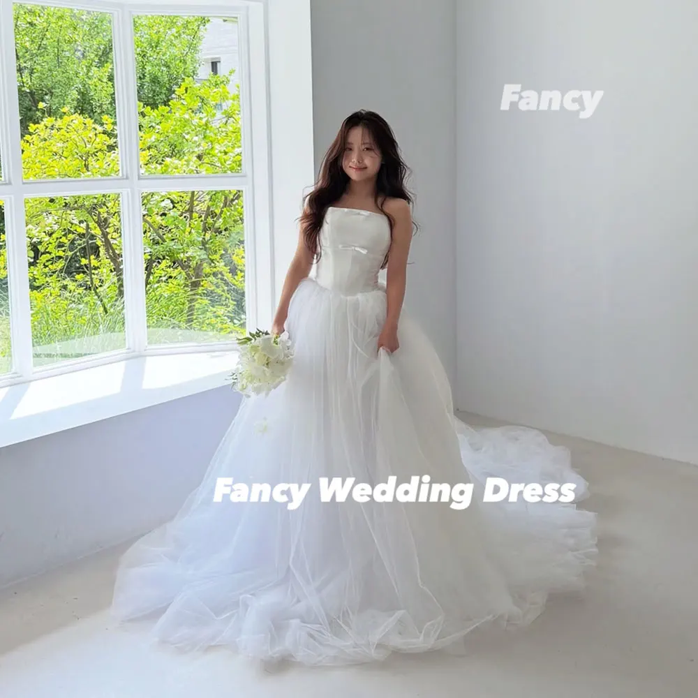 Fancy Princess Strapless Wedding Dress A Line Soft Tulle Evening Dress Korea Photo Shoot Floor Length Back Corset Customized