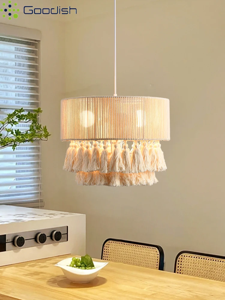 Modern Minimalist Cream Cotton Thread LED Pendant Lights Hand-Knitted Creative Lamps for Living Room Home Decoration Chandelier