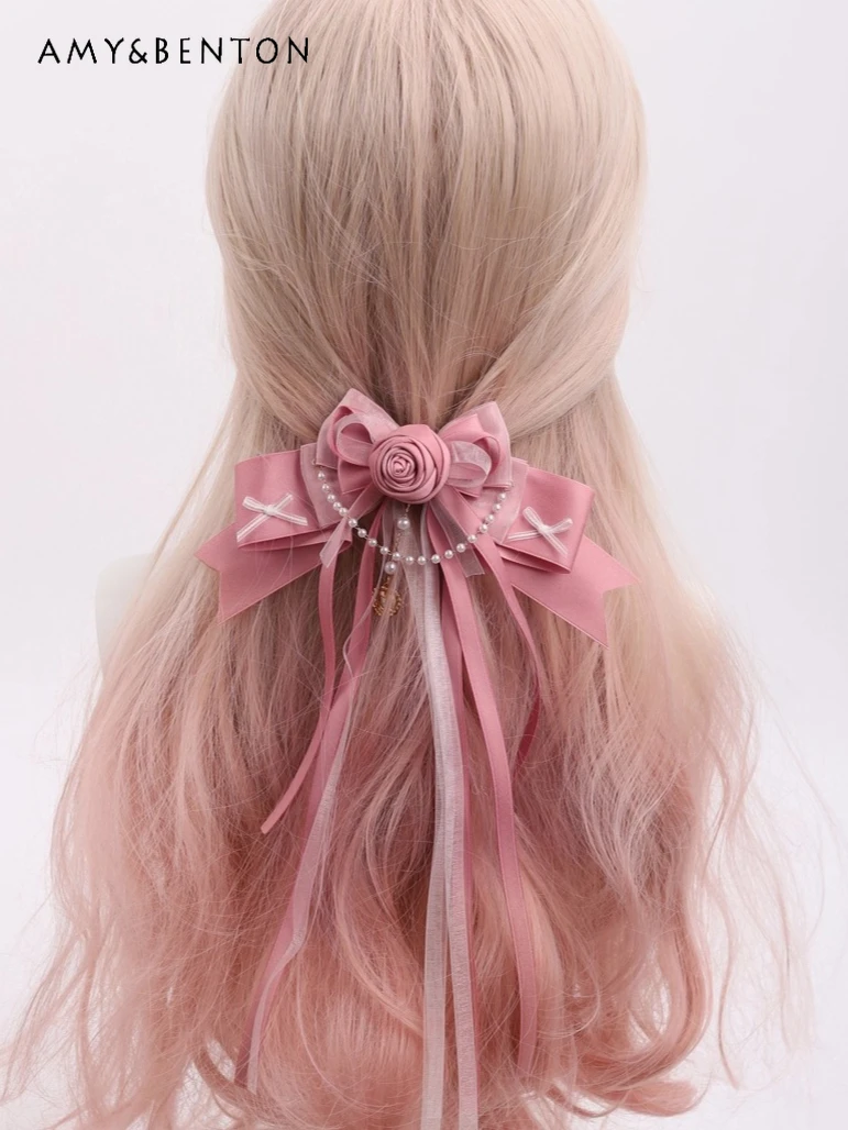 

Original Lolita Double Ponytail Hair Clip Sweet Three-Dimensional Rose Bow Hair Accessories Ribbon Pearl Hair Clips for Women