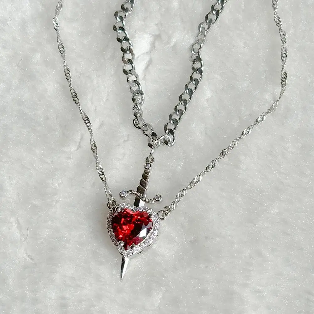 Vintage Trendy Heart and Sword Silver Plated Jewelry Gifts Couple Necklaces Valentine's Day Gift Sword Through Heart Necklaces