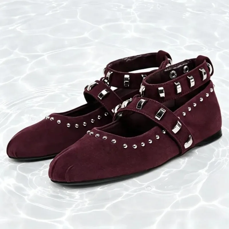 Punk Style Rivet Design Low Heel Pumps Women Fashion Satin Round Toe Ankle Strap Buckle Flats Comfortable Non-slip Casual Shoes