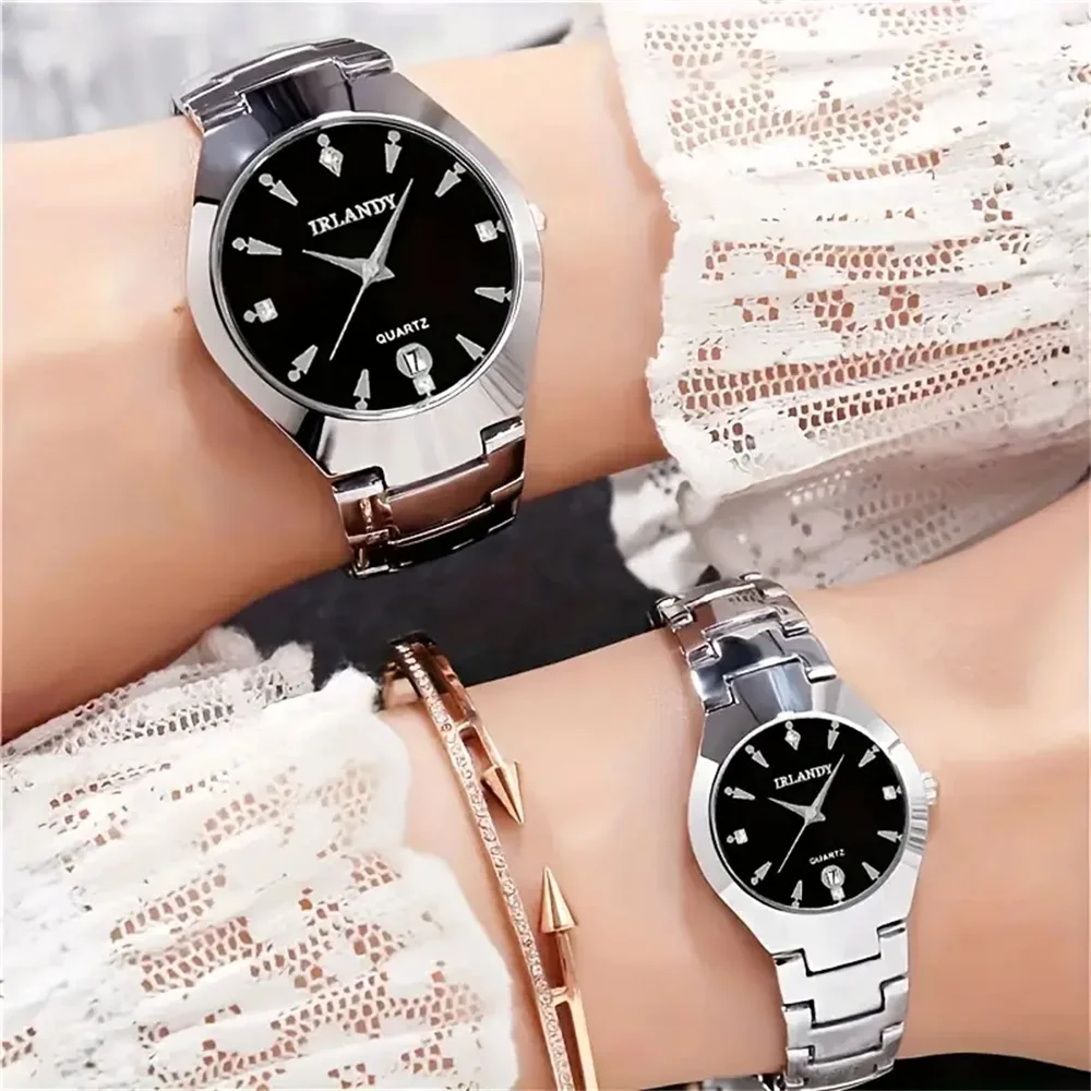 2 pieces elegant quartz couple watch set, classic British style, fashionable business watch for men and women, round alloy case,