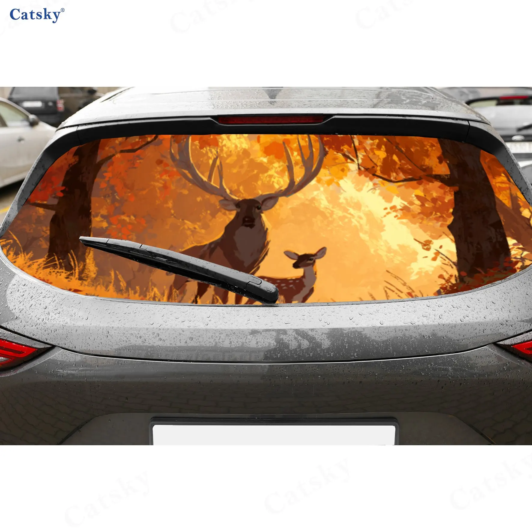 

Осенний олень Herd Forest Нежные перфорированные автомобильные виниловые обертывания из ПВХ, прочная наклейка на заднее лобовое стекло автомобиля, водонепроницаемое заднее окно автомобиля D
