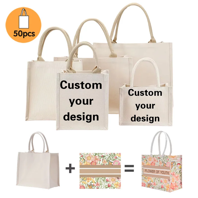 20/50/100pcs Custom Logo Printed Picture 3D Laminated Canvas Tote Bag Bulk Reusable Eco-friendly Shopping Gift Bag With Handle