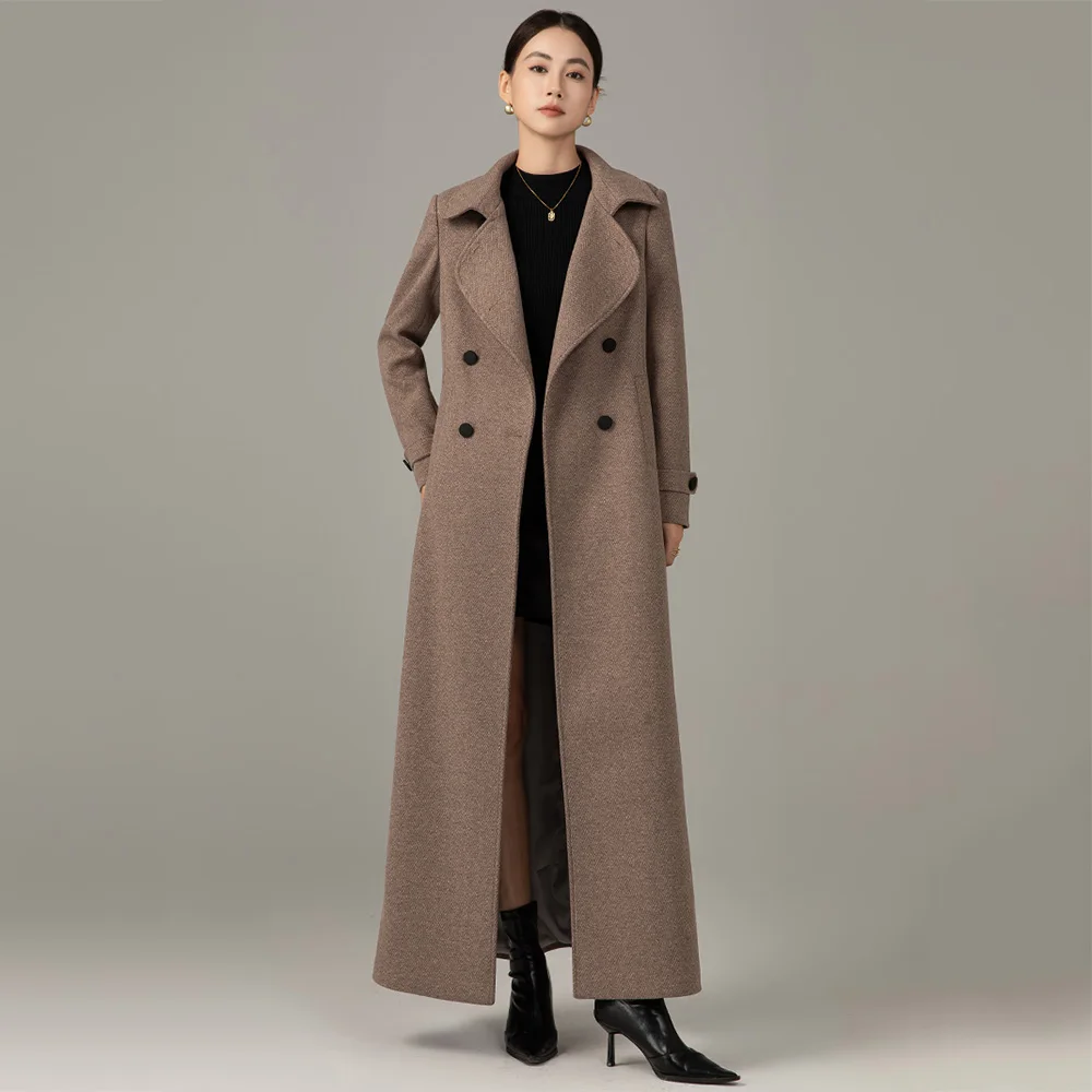 

Новое женское шерстяное пальто с узором «елочка», осеннее модное двубортное тонкое длинное пальто с отложным воротником, простое шерстяное пальто