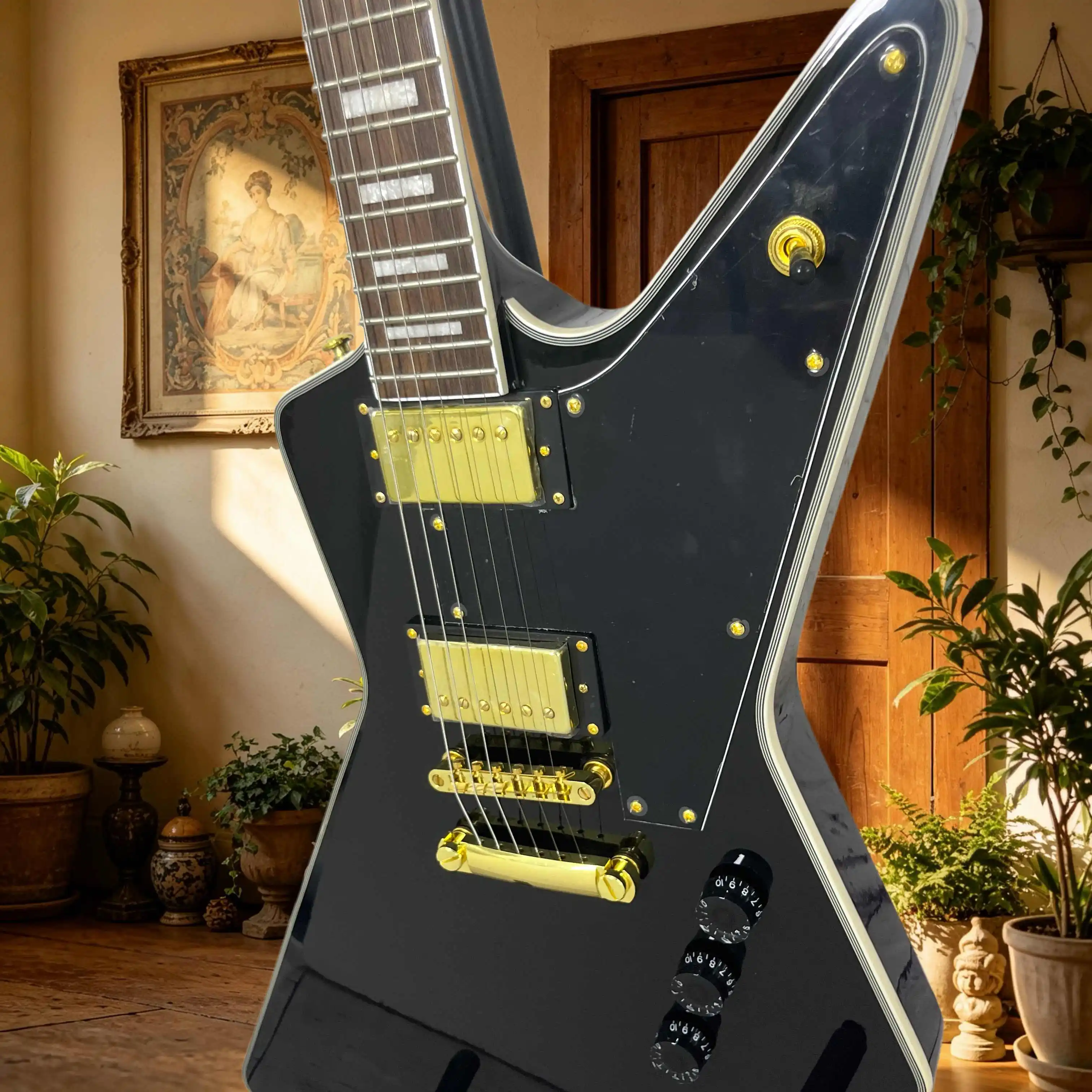 Electric Guitar Pure Black Pointed Square Shaped Solid Wood Piano Body Rose Wood Fingerboard Hard Rock Retro Heavy Metal