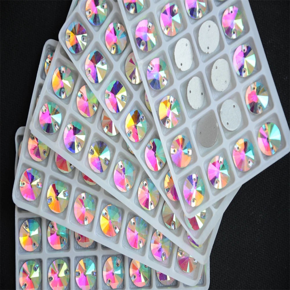 Großhandel Crystal AB Rivoli zum Aufnähen, Stein, flache Rückseite, 2 Löcher, 8,10,12,14,16,18 mm, runde Glas-Nähkristallperlen, Kleiderherstellung – Detail 2