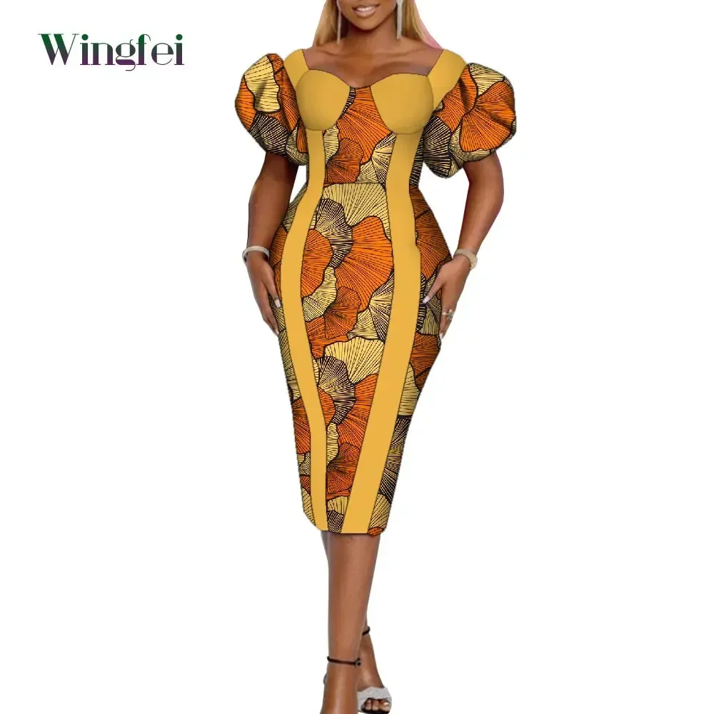 

African Boubou Ankara Print Patchwork African Dresses for Women Puff Sleeve Dashiki Party Evening Dress Fashion Dresses Wy1474